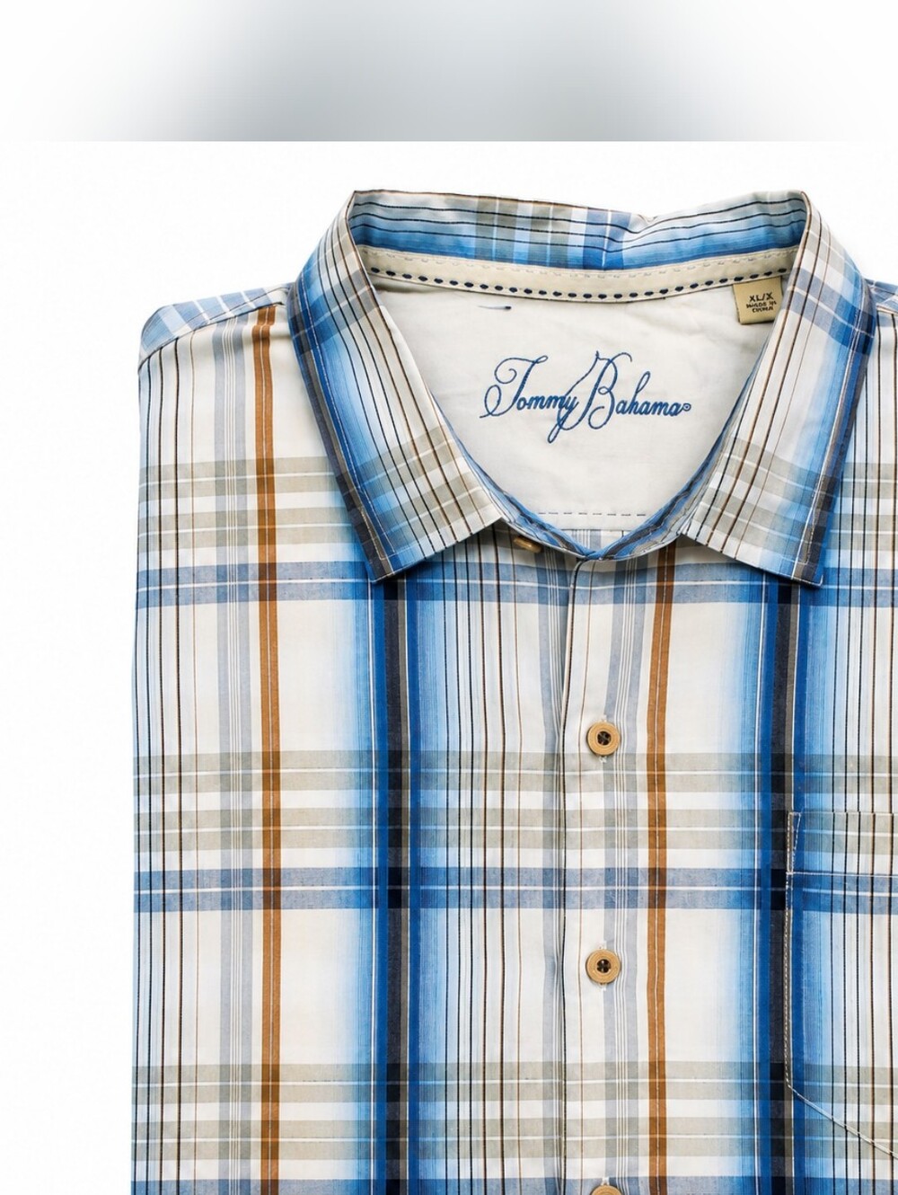 Tommy Bahama XLX Blue Plaid Silk Blend Camp Shirt Button Front